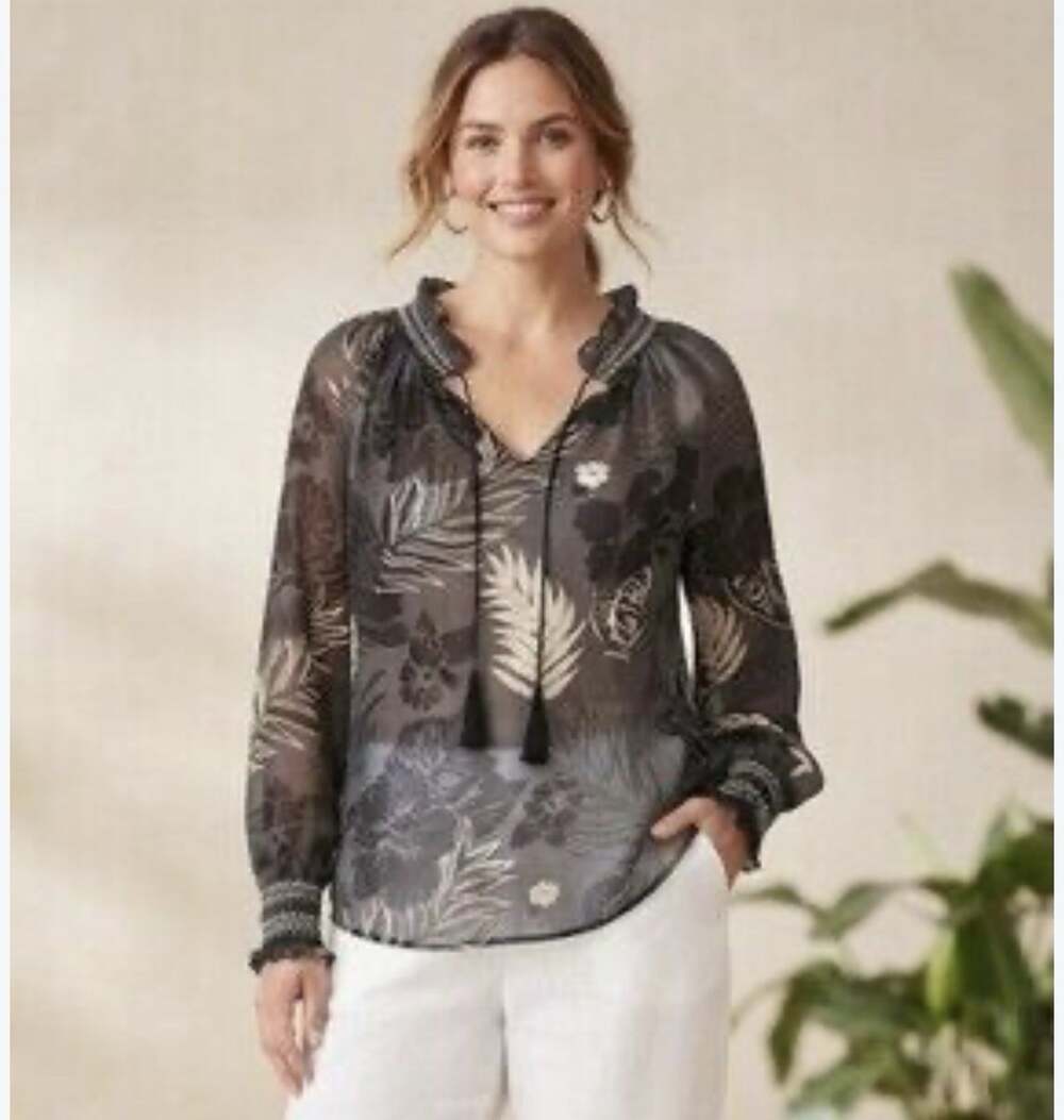 Cabi Blouse 5597 Aloha Size M Sheer Top Bishop Sleeve Flowy Artsy Feminine